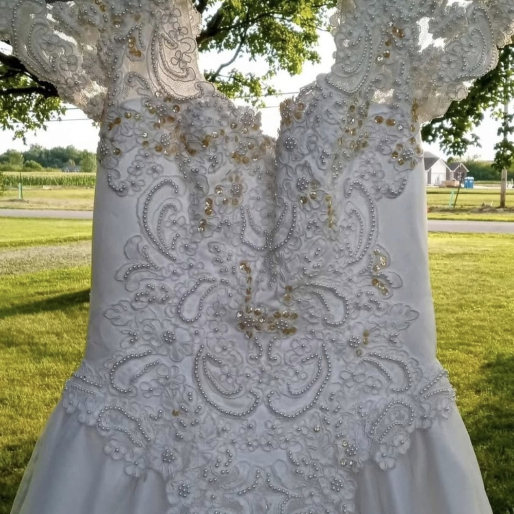 Moonlight Bridal Ivory and Gold Lace Wedding Dress